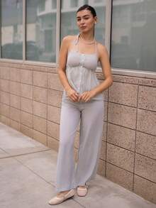 Andrea Bello 女士休闲条纹简约两件套，适合春夏外出穿着，粉色 - 綠色 - 查看 6