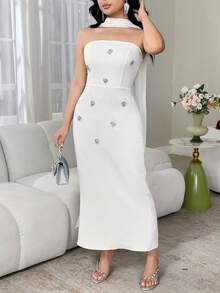 Modelyn Robe élégante pour femmes décorée de strass et ornements métalliques - Blanc - Voir 5