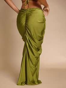 SHEIN BAE Falda de mujer talla grande verde oliva con decoración metálica, elegante para vacaciones de verano, fiesta en la playa, graduación, cumpleaños Y2K de curvas, tela de punto - Verde - Ver 3