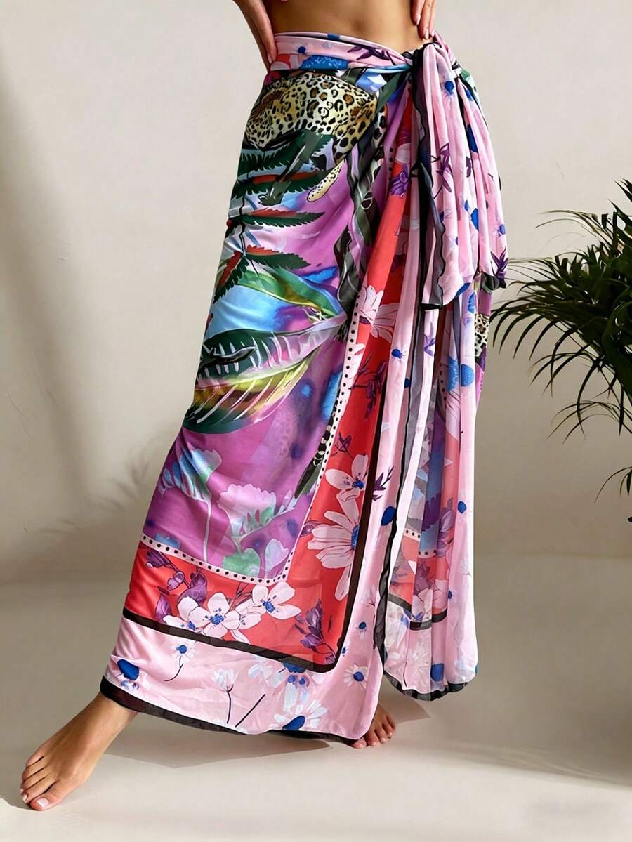 SHEIN Swim Tropical Print Knot Side Cover Up Skirt,Summer Beach - Multicolor - View 1