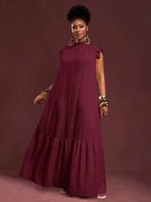 Veslaya Elegant Summer Burgundy Maxi Dress For Plus Size Women, Vacation & Casual Loose Woven Textured Fabric Sleeveless Ruffle Trim Collar Dress - Burgundy - View 6