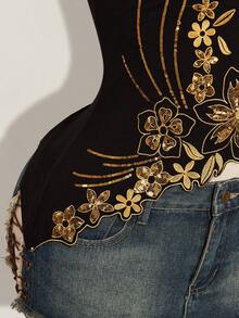 SHEIN ICON Áo quây hở lưng, thêu hoa đính sequin, kiểu dáng thường ngày dành cho nữ, thích hợp mặc mùa hè. - màu đen - Xem 7