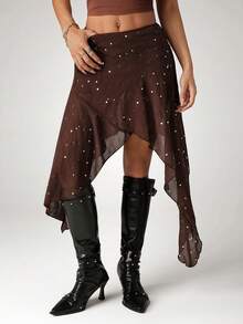 SHEIN ICON Váy nữ mùa hè phong cách Y2K, kiểu hippie miền Tây màu đỏ tía, thích hợp đi dự tiệc câu lạc bộ, Coachella, thời trang, đa năng, đính sequin, vạt váy bất đối xứng. - màu nâu - Xem 3