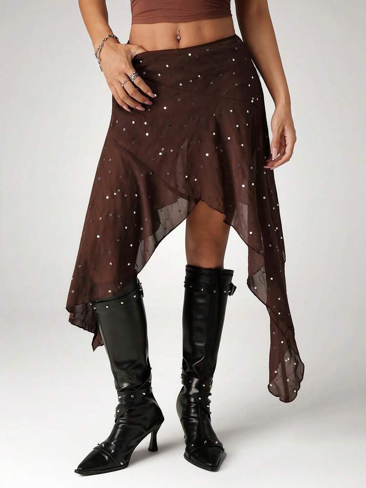 SHEIN ICON Jupe asymétrique à détails pailletés, à la mode, polyvalente, pour sortie, hippie, western, bourgogne, club, Coachella, fête, pour femmes style Y2K - Tabac - Voir 3