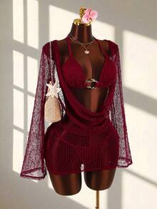 3 piezas Conjunto de Bikini Sexy de Mujer - Top, Bottom y Cubridor - Burdeos - Ver 8