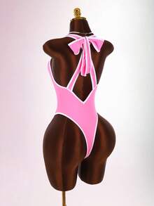 Amplova 1pc Women's Black & White Contrast Color Sexy Bodysuit, Tight-Fitting One-Piece Swimsuit With Deep V-Neck, Open Back And Bowknot, Suitable For Valentine's Day High-End Outfit - Pink - View 8