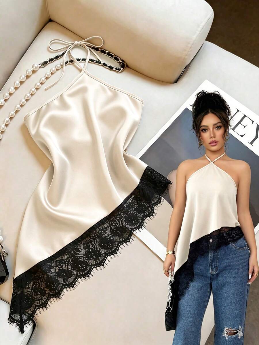 GlowEve Áo hai dây cổ yếm mùa hè mới dành cho nữ, màu đen, buộc dây cổ, vạt áo bất đối xứng viền ren, áo vest gợi cảm cho nữ, áo kiểu ôm sát không tay hở lưng trang trí ren sang trọng, phù hợp cho tiệc tùng, cocktail, các dịp trang trọng và công sở thường ngày, trang phục đi biển cho nữ. - Màu be - Xem 1