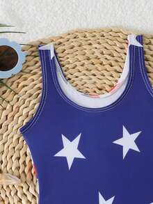 SHEIN Baju Renang Terusan Bayi Perempuan Bertema Hari Kemerdekaan Pantai, Cocok untuk Bermain di Kolam Renang, Baju Renang Terusan Musim Panas dengan Motif Acak - MultiWarna - View 4