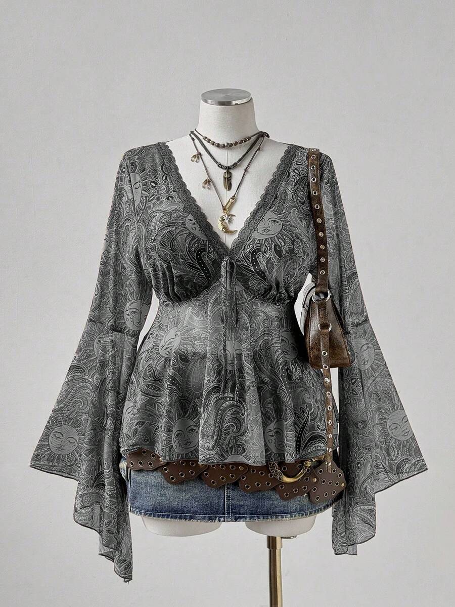 Sunspun Blusa de talla grande con cuello en V, cintura ceñida y corte en A - Negro - Ver 1