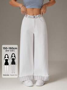 SHEIN PETITE 女士条纹口袋阔腿宽松休闲牛仔裤 - 彩色 - 查看 1