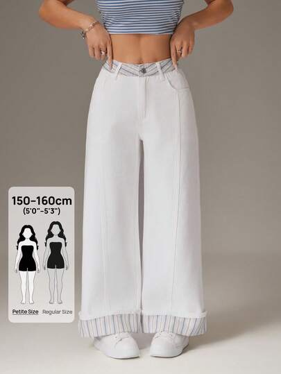 SHEIN PETITE 女士条纹口袋阔腿宽松休闲牛仔裤