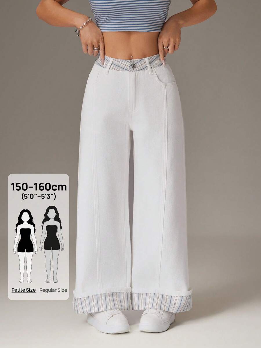 SHEIN PETITE 女士条纹口袋阔腿宽松休闲牛仔裤 - 彩色 - 查看 1