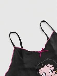 Betty Boop | ROMWE IP Collaboration Shibuya Gyaru Graphic Camisole & Shorts Casual Pajama Set - Black - View 3