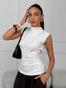 SHEIN Clasi Mock Neck Ruched Tank Top Summer Tops Mother's Day Vacation Outfits Women White Top - White - View 9