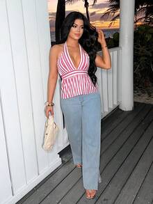 SHEIN SXY 女士条纹系领荷叶边休闲百搭日常衬衫 - 紅白色 - 查看 4