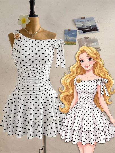 少女金属花卉装饰波点印花荷叶边连衣裙