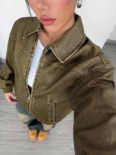 SHEIN EZwear 复古做旧军绿色PU皮夹克，秋季新品