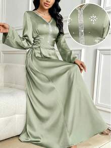 Al Najma 女士水钻花朵装饰侧系腰带优雅阿拉伯风格连衣裙 - 綠色 - 查看 1