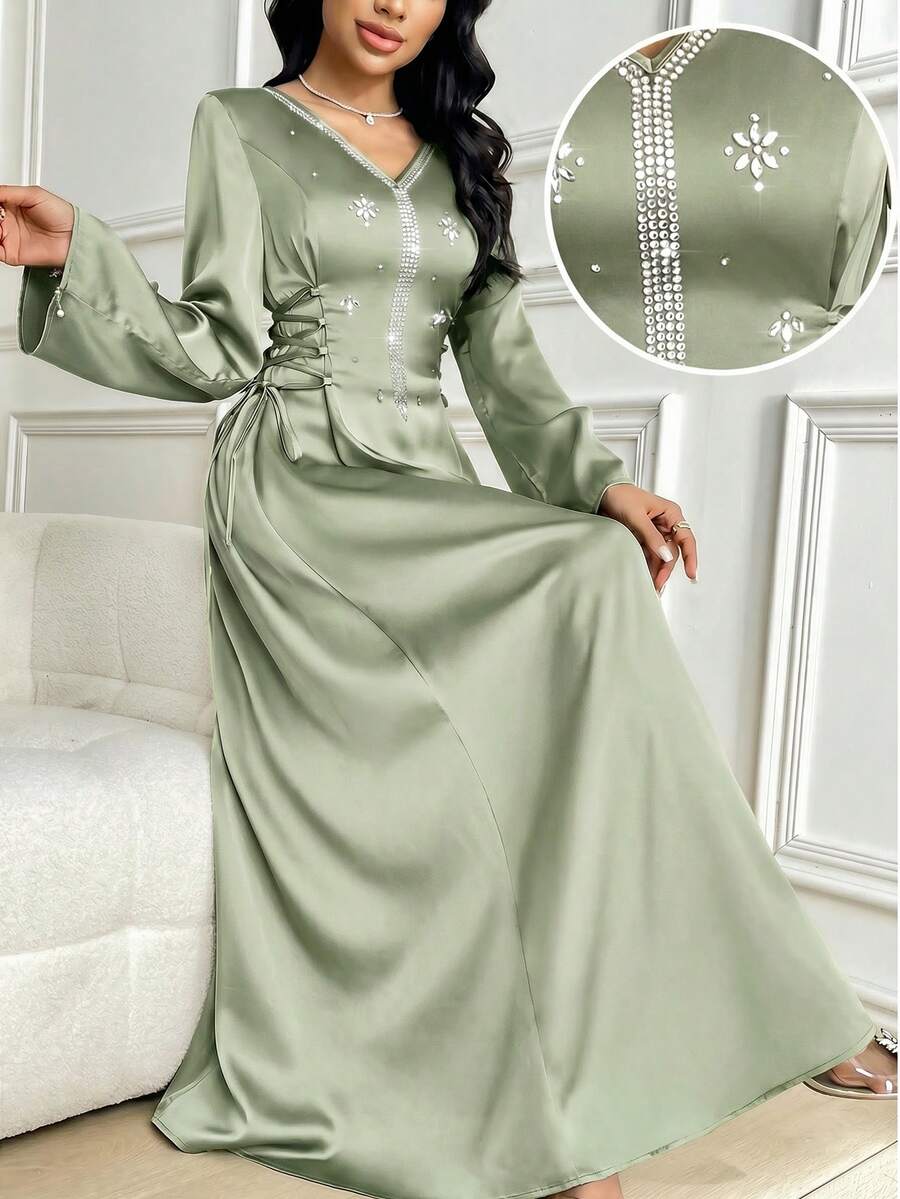 Al Najma 女士水钻花朵装饰侧系腰带优雅阿拉伯风格连衣裙 - 綠色 - 查看 1