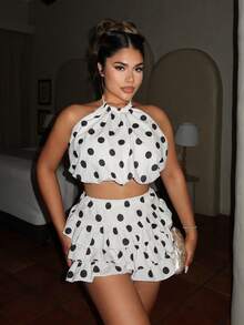 Maria Perezxox Bộ đồ thời trang 2 món dành cho nữ: Áo croptop cổ yếm chấm bi và chân váy midi xòe. - Nhiều màu - Xem 5
