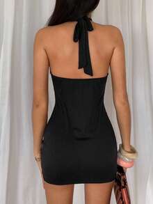 TRNVIE V-Neck Halter Metal Buckle Cinched Waist Black Mini Dress, Fashionable For Spring/Summer - Black - View 2