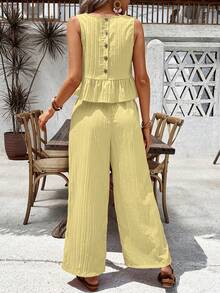 SHEIN Holidaya Women's Vacation Solid Color Ruffle Hem Tank Top And Wide Leg Pants Casual 2 Pieces Set 2 Piece Set Womens Outfit Holiday Outfit Pleated Outfit - Yellow - View 2