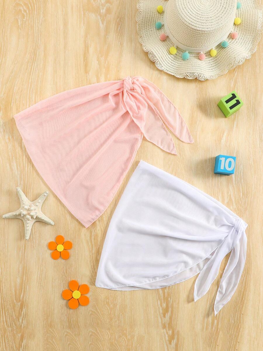 女童黑白两件套泳衣罩衫套装，含裙子和披肩，适合海滩度假，春夏休闲装 - 粉色 - 查看 1