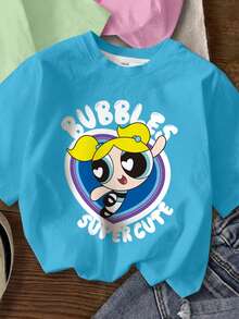 THE POWERPUFF GIRLS X SHEIN 女童休闲可爱字母卡通人物印花短袖T恤，夏季 - 彩色 - 查看 5