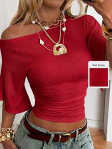 SHEIN EZwear 女士红色针织褶皱不对称肩部时尚百搭T恤 - 紅色 - 查看 8
