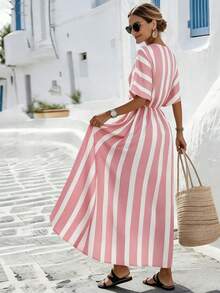 SHEIN Holidaya 女士黄色条纹宽松度假春夏V领修身连衣裙，适合度假、休闲、居家和日常活动 - 粉色 - 查看 2