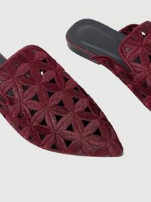 Sleekvia Women's Casual Versatile Commuter Hollow Embroidered Pointed Shoes - Burgundy 2 - View 4
