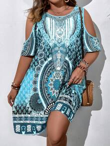 EMERY ROSE Plus Size Woven Printed Casual Summer Dress Vacation Navy Blue - Blue - View 5