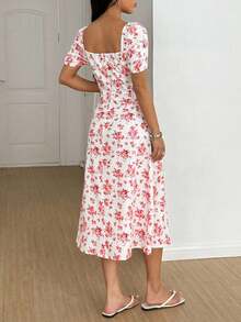 SHEIN Unity Women's High Slit Floral Print Casual Vacation Bellflower Dress For Spring/Summer Maxi Women Outfit - Pink - View 2