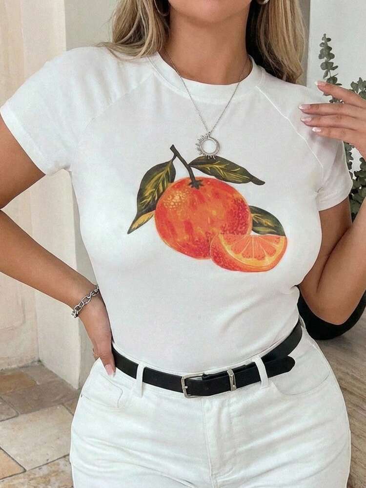 Dazy Plus Spring & Summer Casual Street Style White Tee, Round Neck Plant & Fruit Print Pattern, Basic Music Festival Vacation Loose Short Sleeve T-Shirt, Plus Size Women White