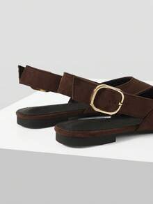 Mnmlis Glossy Black Pointed Toe Backless Shoes, Gold Buckle Decor Low Heel Commuter Sandals Summer Shoes - Brown - View 4