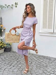 SHEIN LUNE Women's Casual Striped Short Sleeve Twist Knot Midi Dress, Suitable For Summer Vacation, Commute, And Daily Wear,Dresses For Women Summer - Mauve Purple - View 4