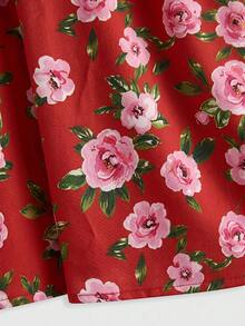 lacRébo Pink Floral Print Red Woven Midi Dress With Short Sleeves And Open Back Detail Chic Spring Summer Holiday Dress Red Vacation Dress French Style Parisian Style - Red - View 9