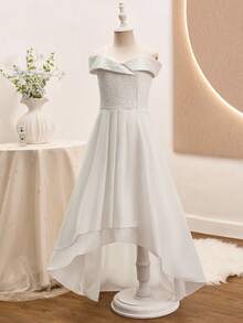 Glamorique Kids Đầm hai dây ren phối ren cho bé gái tuổi teen, kiểu dáng ngắn trước dài sau, thích hợp cho đám cưới, dạ hội, tiệc sinh nhật, tiệc chiêu đãi, mọi mùa. - trắng - Xem 4