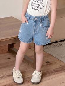 SHEIN Playful Pals Girls' Summer Denim Shorts,Sky Blue,Elegant Rhinestone Embellishment,Y2K Retro Design Streetwear,Elastic Waistband Soft Cotton Relaxed Fit,Medium Wash - Light Wash - View 4