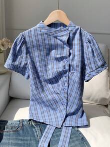 Comfortcana 春夏新款女式格子宽松短袖收腰衬衫，适合音乐节、酷炫、街头、复古、Y2K、休闲和校园风格。 - 藍色 - 查看 4