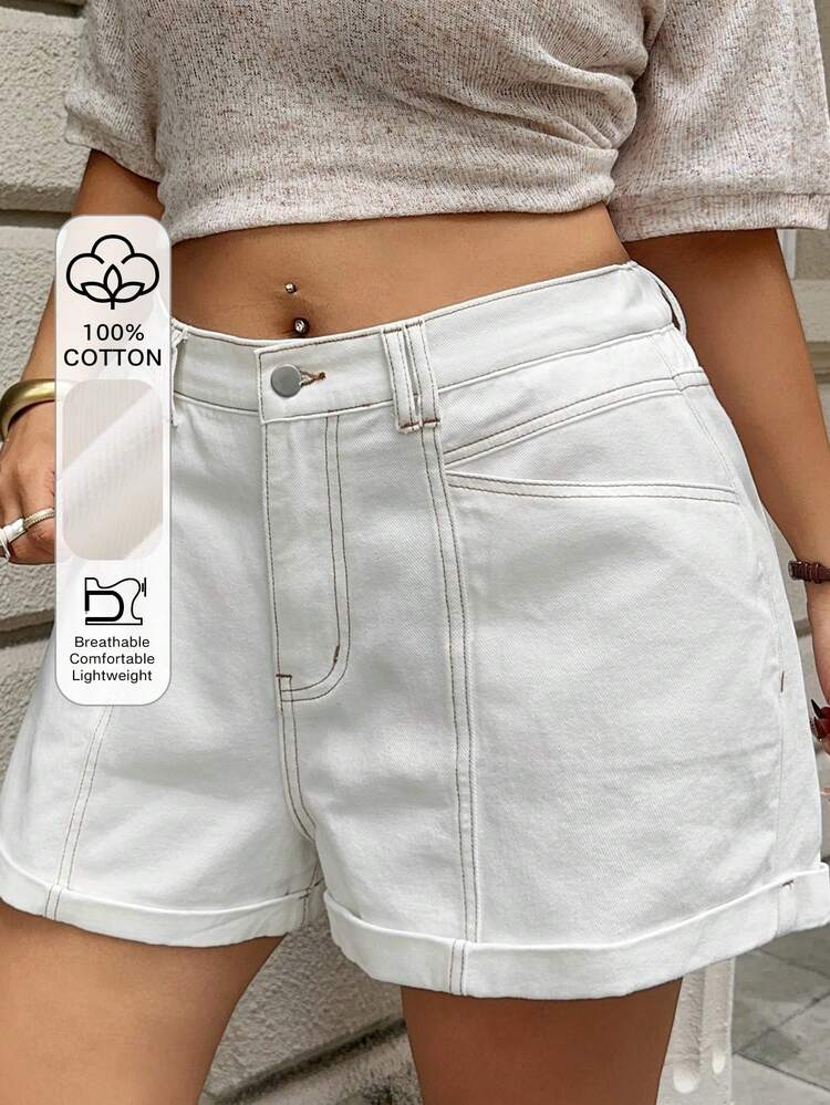 Dazy Plus Plus Size Women's Summer Low Waist Rolled Hem Decorative Stitching Casual Denim Shorts, White