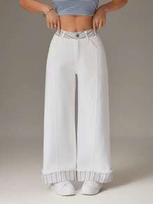 SHEIN PETITE 女士条纹口袋阔腿宽松休闲牛仔裤 - 彩色 - 查看 7