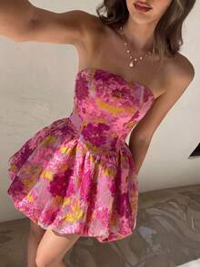 女士玫红色多色提花刺绣抹胸迷你连衣裙，带衬里，时尚派对度假性感迷你连衣裙，女士红色连衣裙 - 玫紅色 - 查看 8