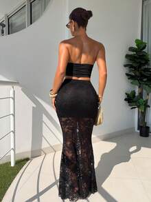 SHEIN SXY 女士蕾丝拼接休闲百搭约会之夜半身裙 - 黑色 - 查看 2