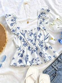 SHEIN Franclia INS Casual Vacation Cap Sleeve Women Shirt - Blue - View 2