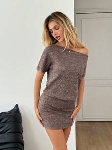 SHEIN Đầm ngắn dáng ôm, trễ vai, kẻ sọc màu nâu cà phê dành cho nữ, kiểu dáng thanh lịch, thích hợp cho đi làm, dự tiệc trà chiều, thời trang đa năng. - Cà phê nâu - Xem 5