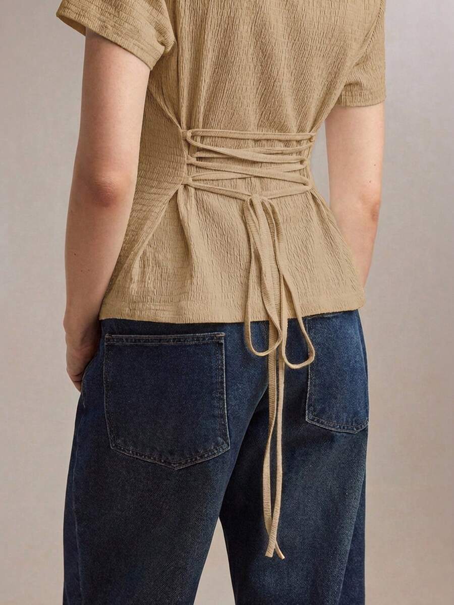 BizChic 收腰可調節繫帶 T-shirt,修身性感百搭上衣,適合通勤、約會、休閒、運動、鄉村風、日常穿著、萬聖節、開學季、派對、生日、婚禮賓客、特殊場合、夏季、秋季、度假、辦公室、外出、海灘、聚會、社交、節日、購物、下午茶、旅行 - 棕色 - 查看 1