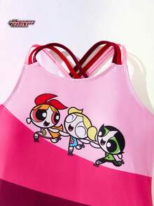 THE POWERPUFF GIRLS X SHEIN Maija Kids Tween Girl Colorblock Cartoon Print One-Piece Swimsuit, Spring/Summer One Piece Swimsuit For Kid  Squishy - Pink - View 3