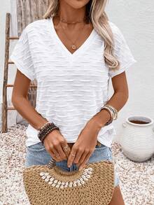 Zayélia Vacation Casual Versatile Solid Color Texture Short Sleeve T-Shirt - White - View 8
