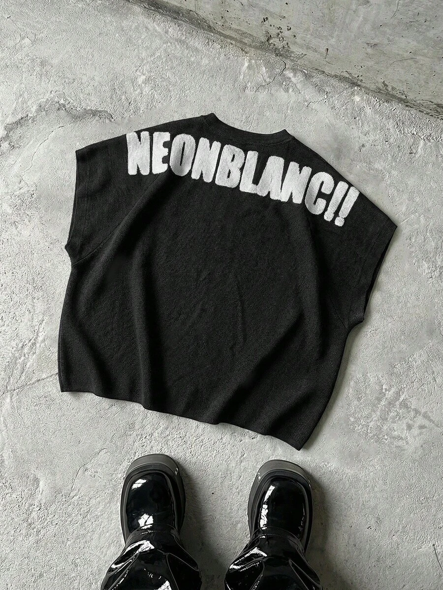 NEON BLANC 男士街头时尚白色针织圆领字母印花针织背心，适合夏季穿着 - 黑色 - 查看 1